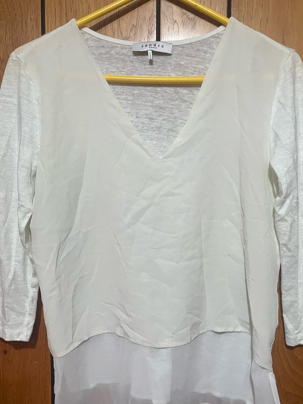 Sandro Paris white Layered V-Neck Mixed-Media Blouse Linen-silk.
